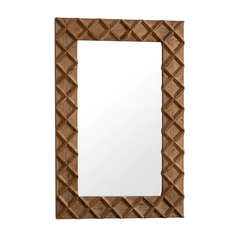 23.6" x 35.5" Hand Carved 3D Parquet Wood Wall Mirror, Rustic Farmhouse Rectangle Decor Mirror, Vertical & Horizontal Hanging Accent Mirror for Entryway Bedroom Living Room