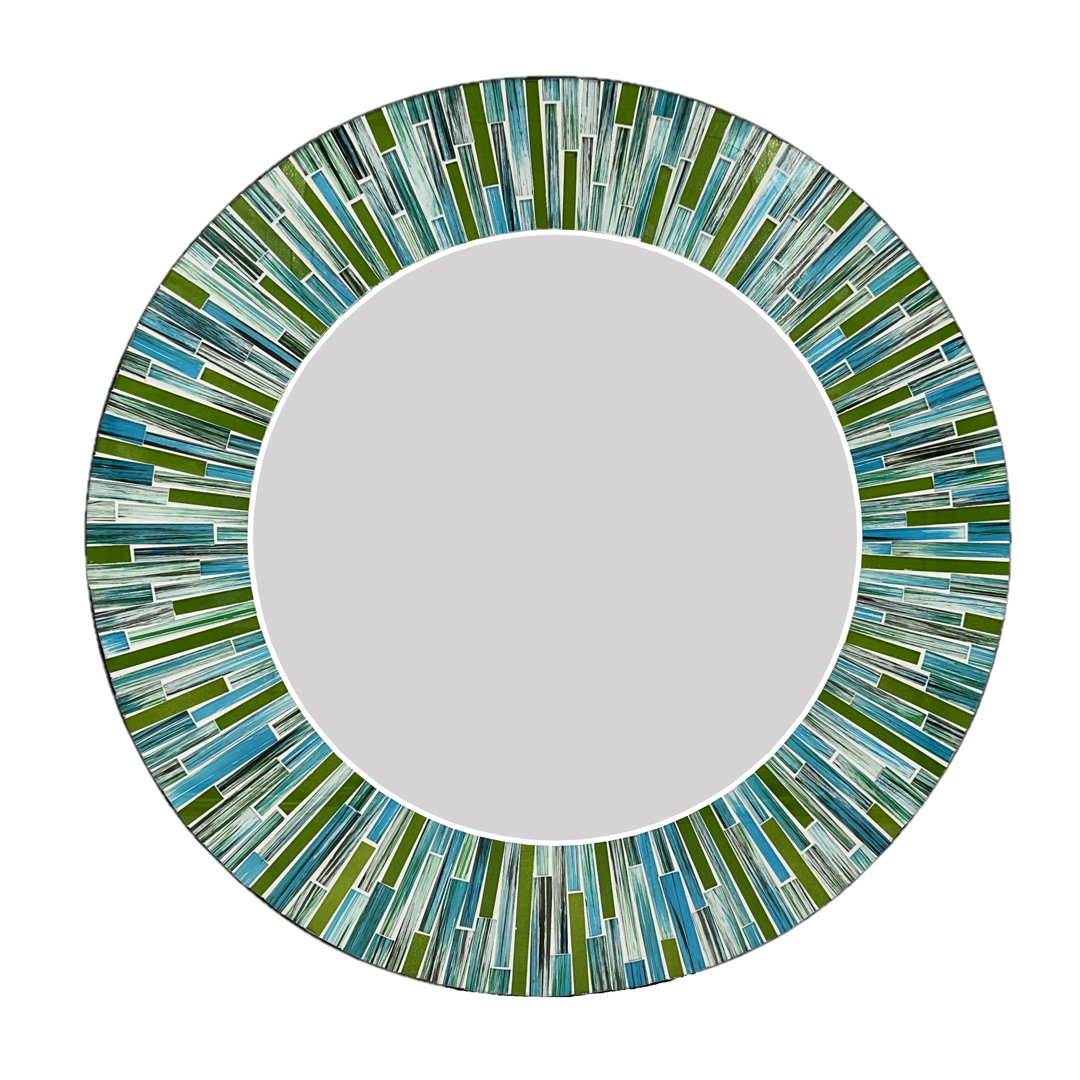 Zorigs Mosaic Mirror, Wall Art Décor – Handcrafted Decorative Wall Mirror, Green, Blue, Tan, and White Mosaic 24” Round Mirror for Hallway, Bedroom, Bathroom, Living Room Orren Ellis 