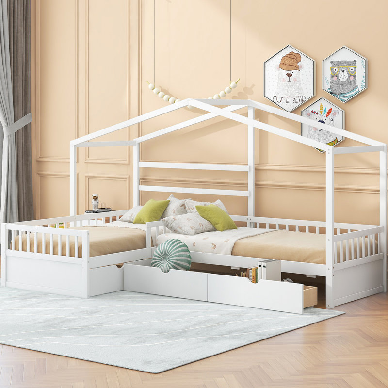 Lit plateforme House avec trois tiroirs de rangement, Blanc