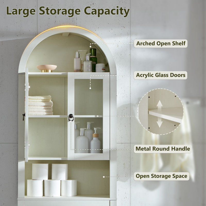 Ahart Arched Freestanding Over The Toilet Storage Cabinet with Acrylic Doors, Modern 77"H Over Toilet Bathroom Organizer Shelf with Adjustable Shelf