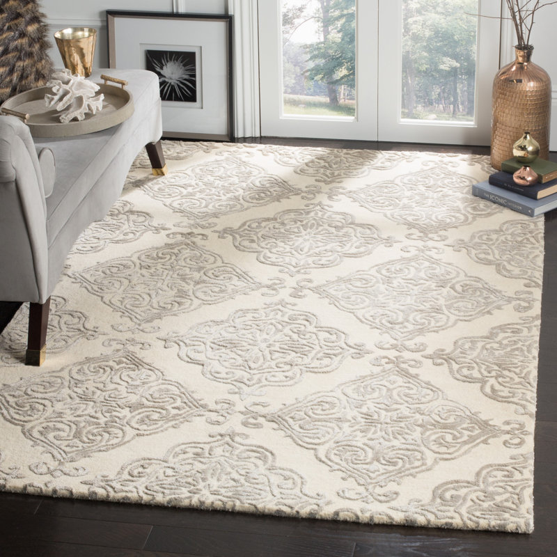 Bernon Hand Tufted Viscose/Wool Geometric Rug in Ivory/Silver, Rectangle 5' x 8'