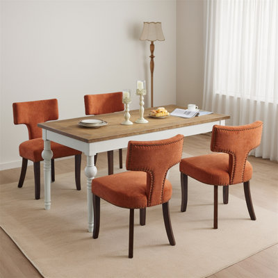 Ensemble de chaises de salle à manger de style Mid-Century moderne, ensemble de 2 chaises d'appoint rembourrées en tissu de lin ferme avec dossier en cuivre, chaises de cuisine avec structure en bois franc