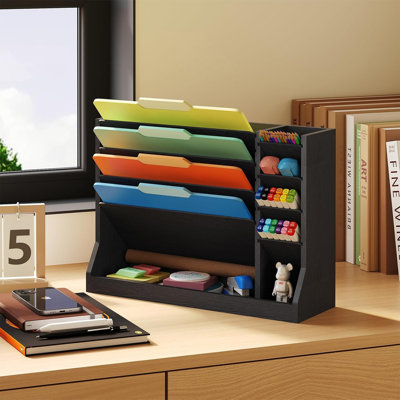 X-cosrack Wooden Wall Mounted File Holder 4-tier Vertical Hanging/desktop Organizer With Pencil Storage And Bottom Flat Tray For Office Home Countertop Black