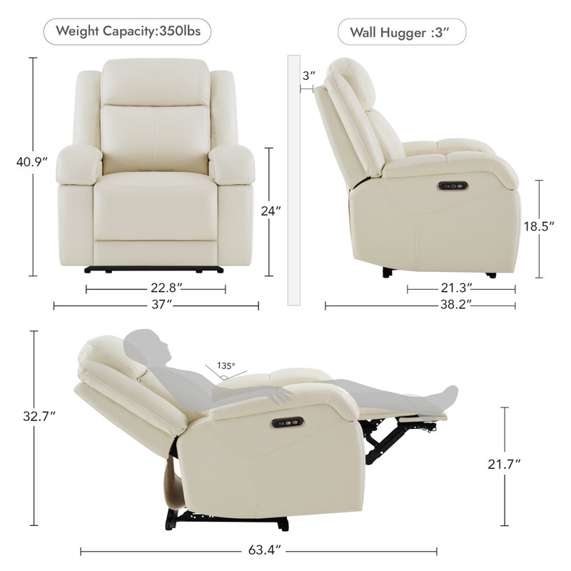 Fauteuil inclinable électrique Zachery, Cuir véritable crème
