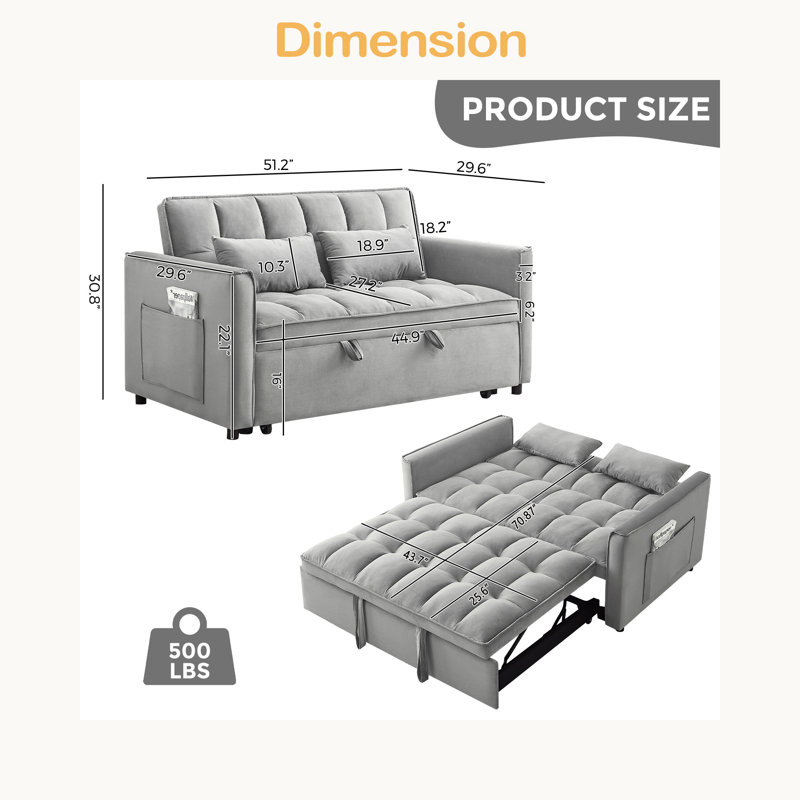 Canapé-lit convertible 3-en-1 de 51,2 pouces, canapé-lit double moderne en velours avec dossier réglable, sac de rangement et coussin