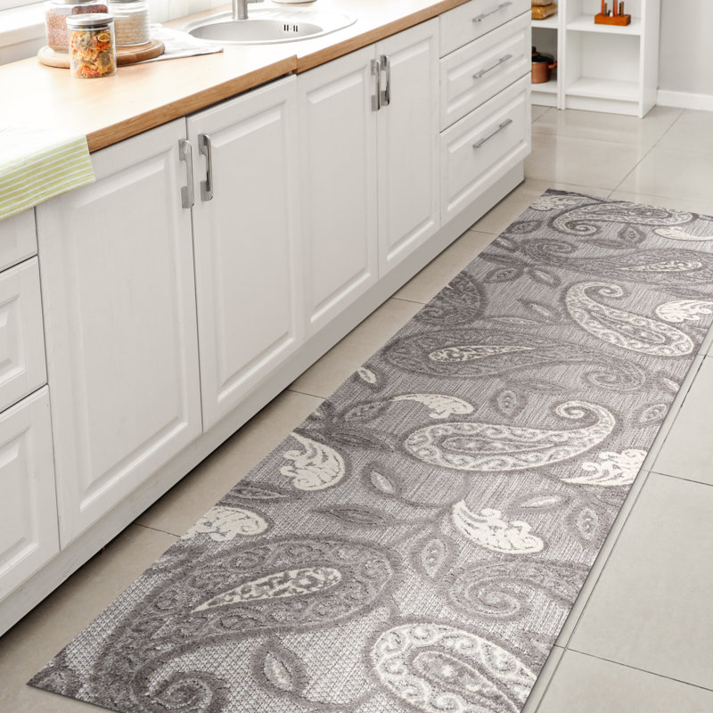 Tapis intérieur / extérieur gris clair / ivoire Julien Paisley, Tapis de couloir 2 pi 3 po x 8 pi