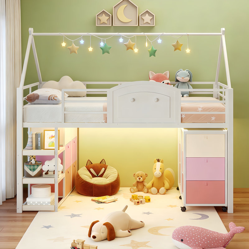Low Loft Bed with Pull-Out Desk & Storage Drawers and Ladder Shelves LED Metal House Beds, Pink