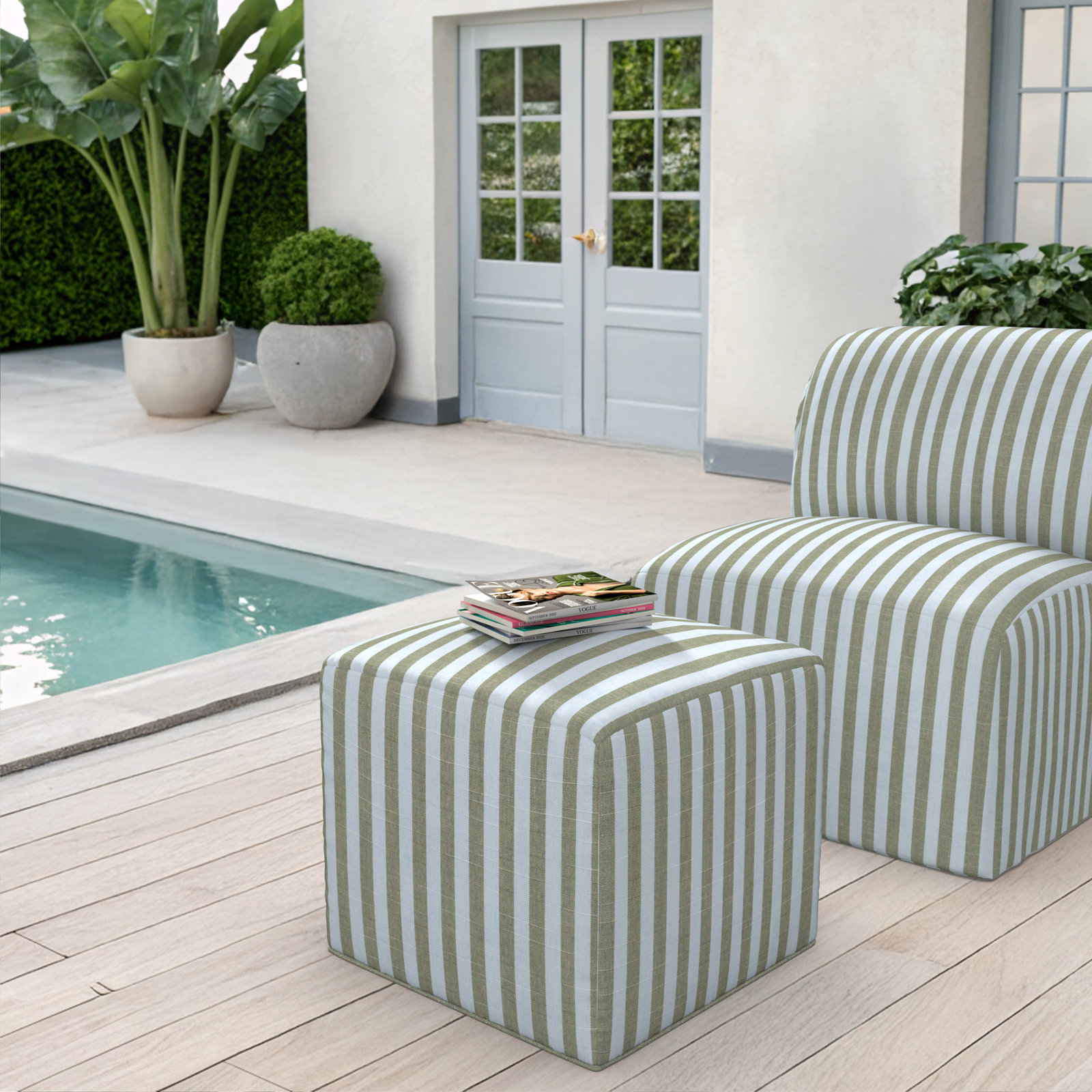 Praia Sunbrella® Outdoor Ottoman, 18" H x 18" W x 18" D, Sail Away Aloe Striped Sunbrella®