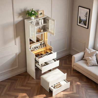 3-in-1 Vanity Table With Led Mirror,  Drawers, Flip-top Compartment And Storage Stool