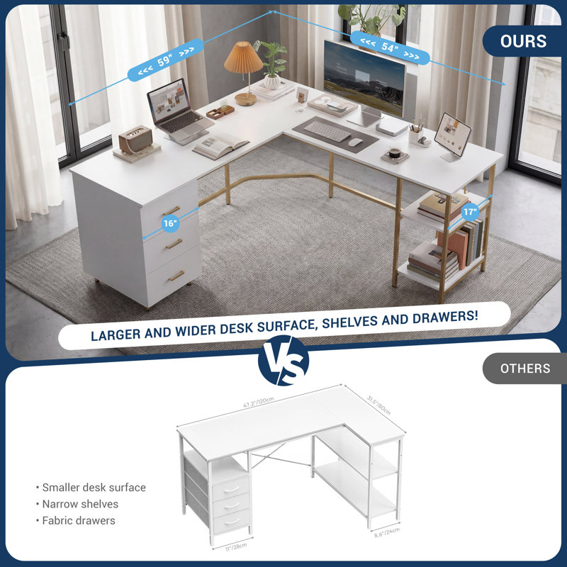 Techni Mobili L-Shape Home Office Two-Tone Desk With Storage, White/Gold