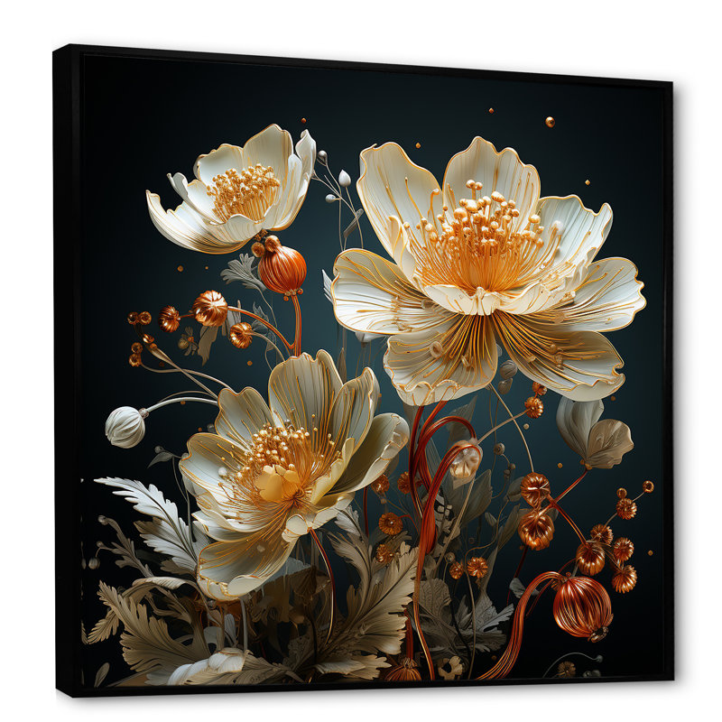Botanique beige rétro sur toile, Cadre flottant noir, H 30 po x l 30 po
