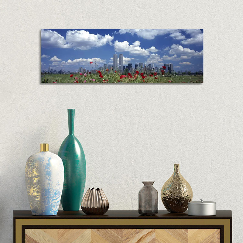 Flowers In A Park With Buildings In The Background, Manhattan, New York City, New York State, USA by Panoramic Images - Wrapped Canvas Panoramic Print