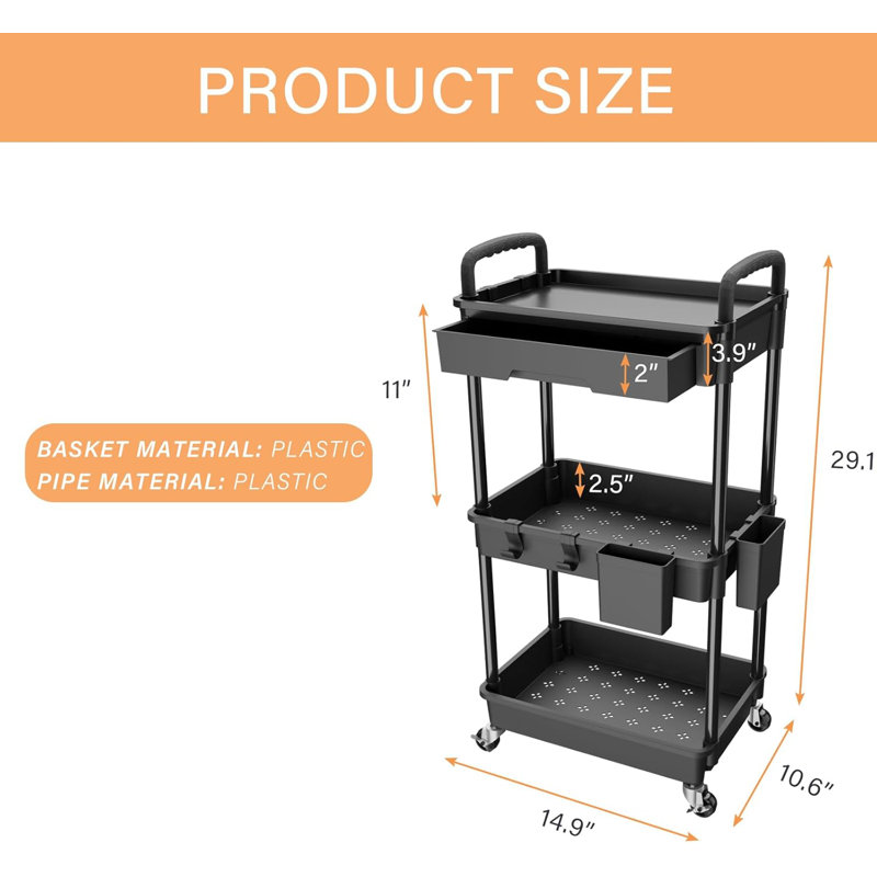 Black 3-Tier Rolling Utility Cart with Drawer and Handle