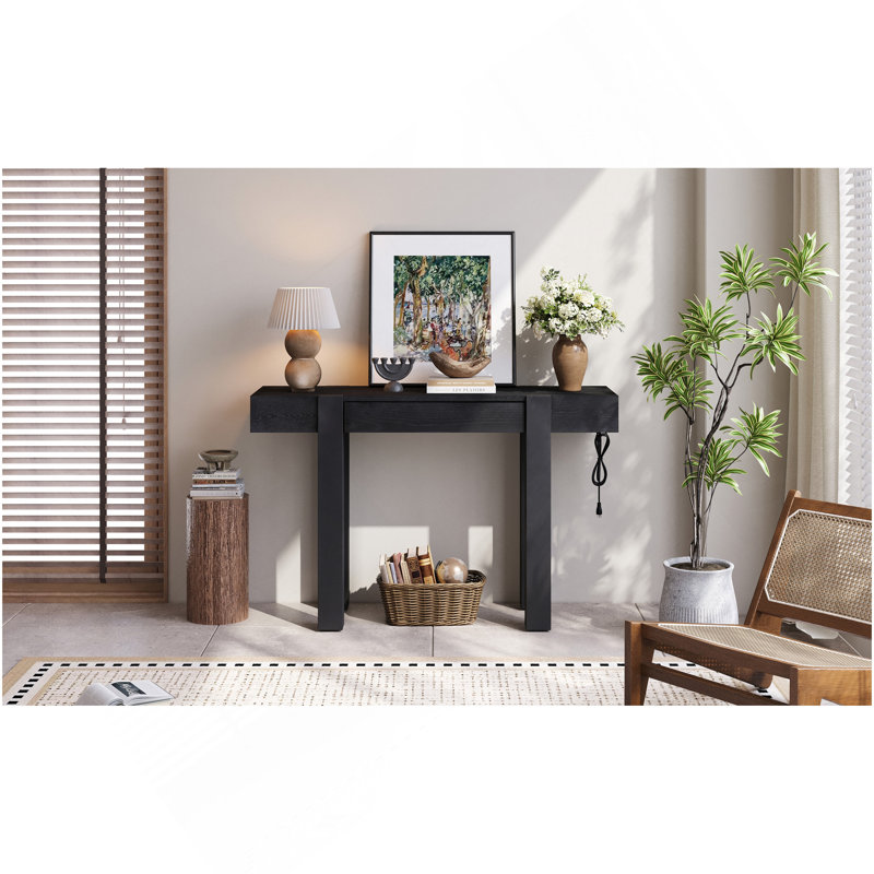Console rustique minimaliste avec tiroir caché, prise de courant latérale, table d'entrée en bois pour les entrées, les salons et les bureaux à domicile (noir)