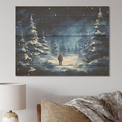 Blue And White Winter Forest Wonderer - Tree Pine On Wood Print