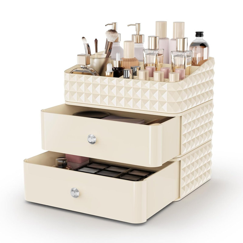 Organisateur de maquillage avec 2 tiroirs et 1 plateau, rangement cosmétique empilable pour meuble-lavabo, porte-pinceau, rouge à lèvres et présentoir à bijoux, motif à losanges durable et élégant