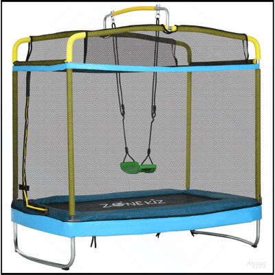 Trampoline pour enfants QAB 3 en 1, trampoline pour enfants de 6,9 pi avec enceinte, balançoire, barre de gymnastique, trampoline pour tout-petits pour l'extérieur / l'intérieur, bleu clair