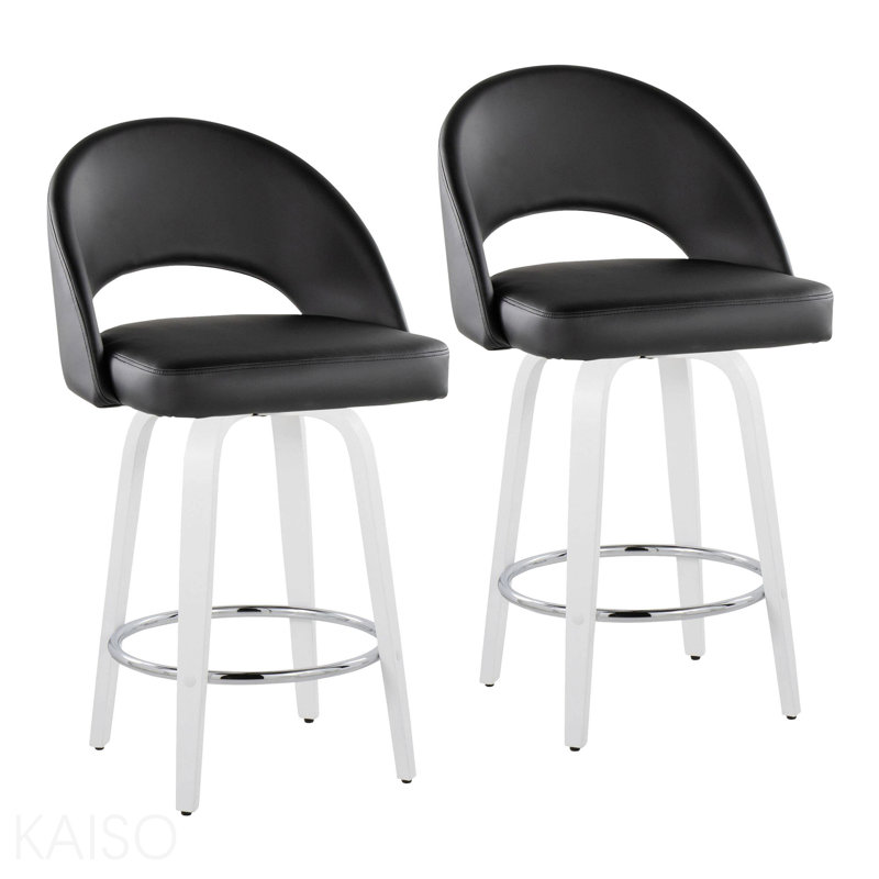 Tabouret de comptoir à hauteur fixe avec pivot en bois blanc et similicuir noir avec repose-pieds rond chromé - ensemble de 2