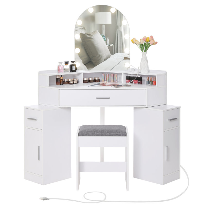 Ensemble coiffeuse avec tabouret et miroir Evangelos, Blanc