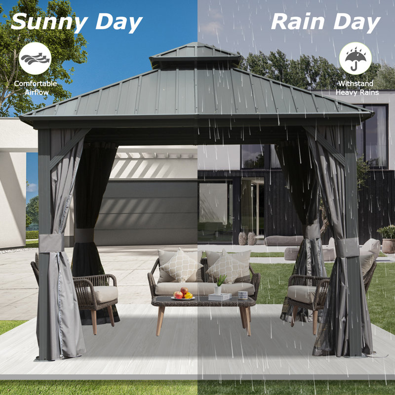 Galvanized Steel Patio Gazebo with Overhang Slope-design Double Roof, 9.8 ft x 9.8 ft
