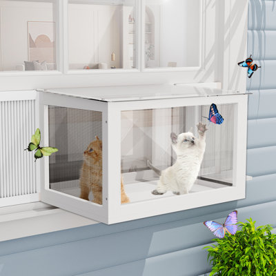 Boîte de fenêtre pour chat, clôture extérieure pour chat Catio avec moustiquaire résistante aux insectes qui convient aux cadres à double ouverture de 26 po à 43 po de large, perchoir de fenêtre avec toit transparent imperméable pour faire la sieste