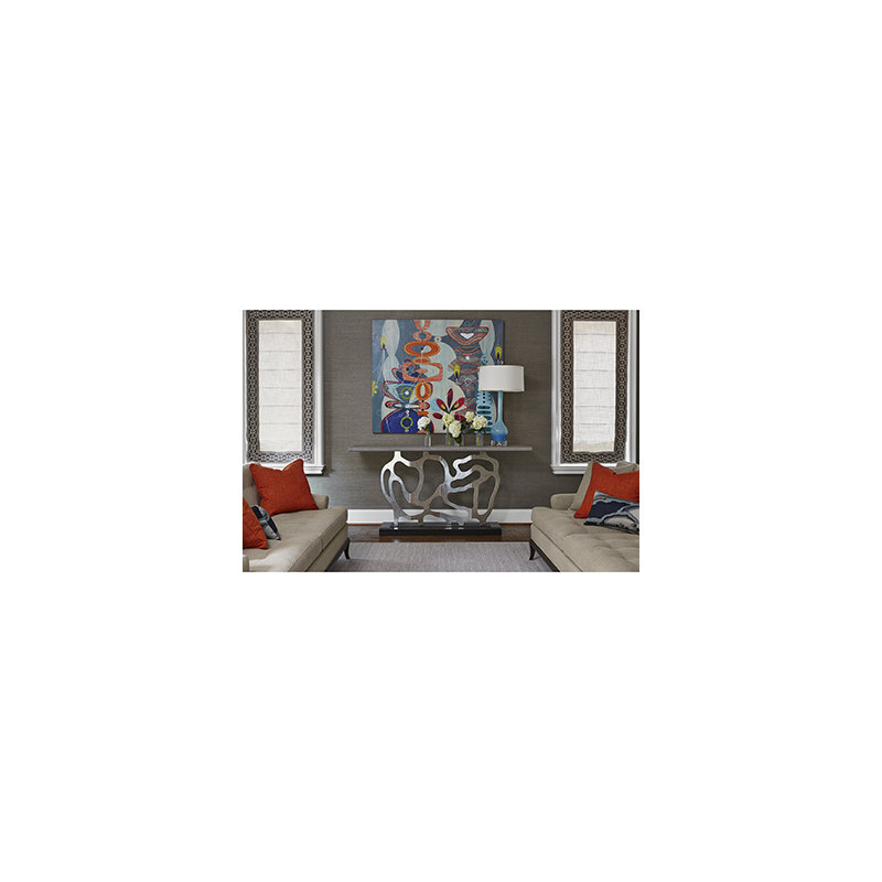 Sculpted 74'' W Solid Wood Console Table, Silver Metal Leaf/Black, Gray