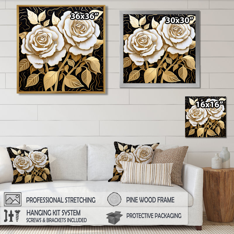 «White Rose Golden Glam Leaves - Roses», art mural, Toile avec cadre flottant noir, H 16 po x l 16 po x P 1 po