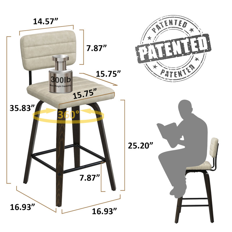 Randerick Swivel Upholstered 25.2" Faux Leather Counter Stool with Wood Frame, Beige
