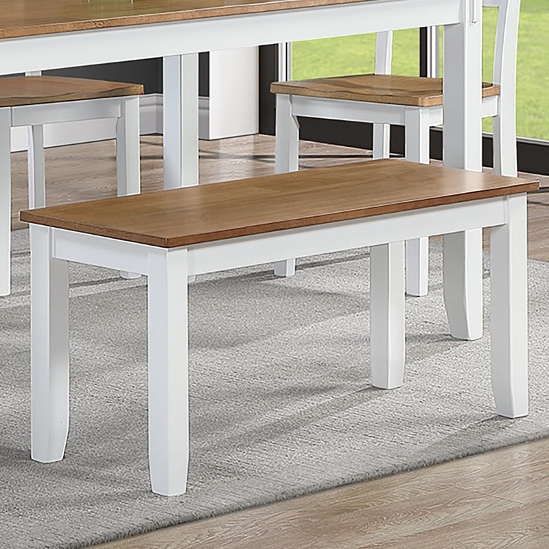 Ensemble de salle à manger 6 pièces rectangulaire contemporain, table en bois d'hévéa blanc et brun clair avec sièges en bois massif, 4 chaises d'appoint et 1 banc brun clair + blanc + bois d'hévéa + bois massif + contemporain + moderne + transitionnel