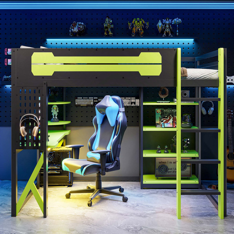 Lit mezzanine double en bois avec bureau, tablettes, prise de courant, ports USB / Type-C et lumière RVB, Noir/vert