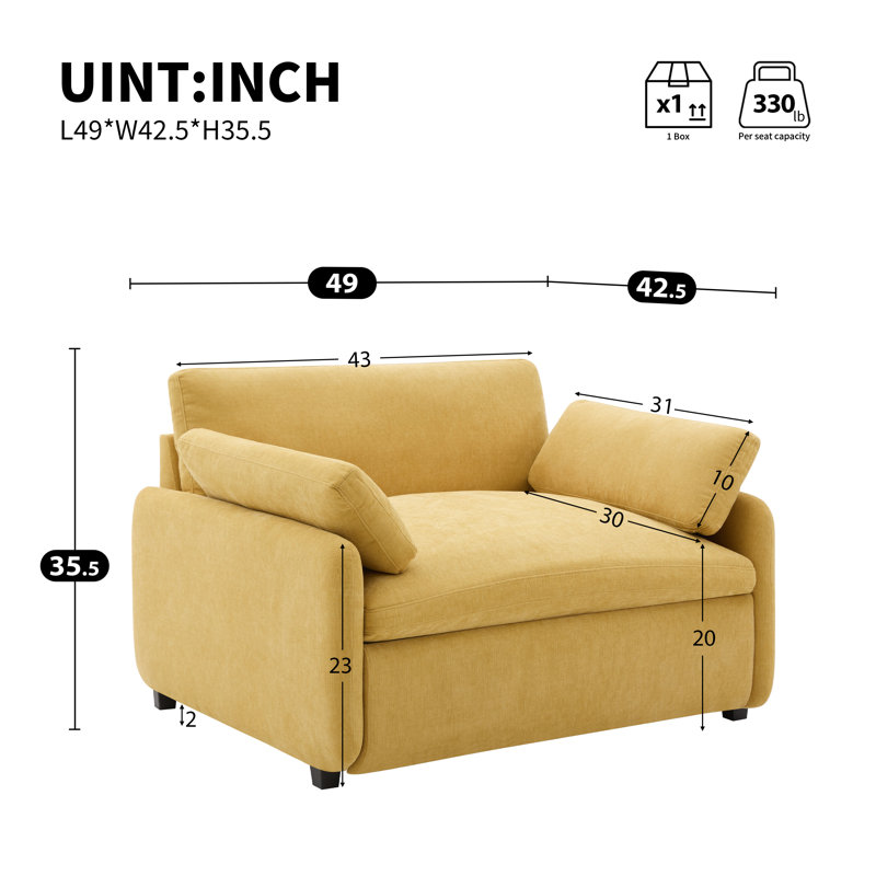 Fauteuil canapé minimaliste surdimensionné Arden en chenille avec assise large et profonde et soutien rembourré, Yellow
