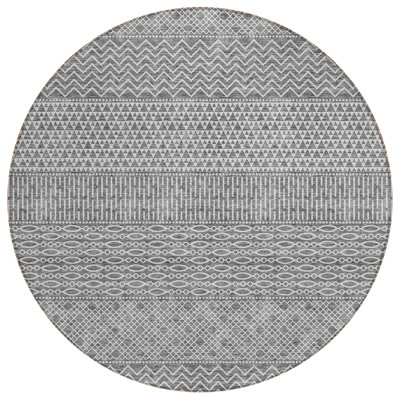 8' Gray And Silver Round Chevron Washable Indoor Outdoor Area Rug