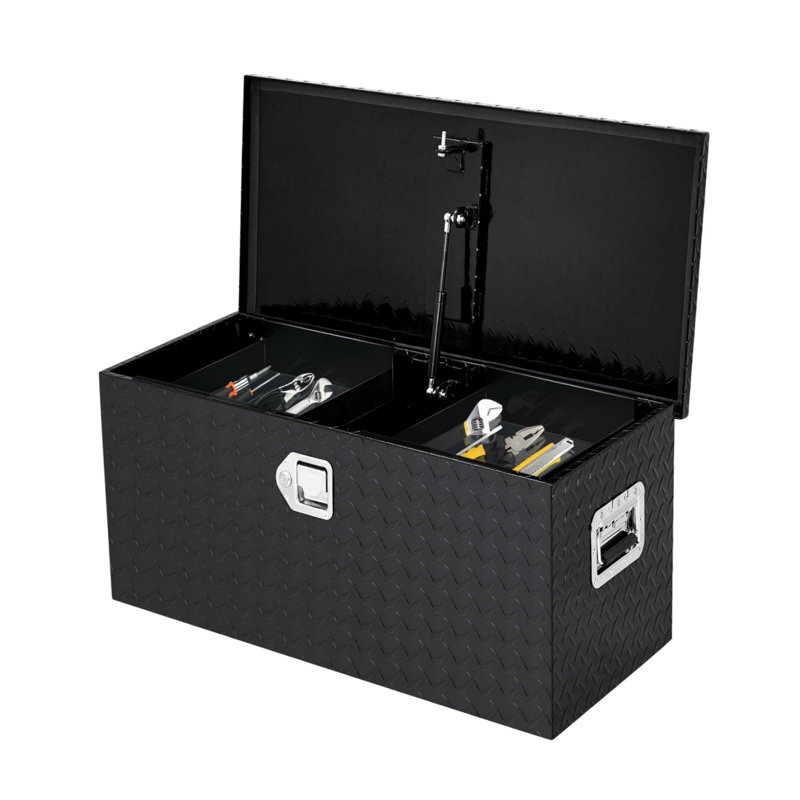 Weather-Resistant Diamond-Plate Aluminum Truck Storage Box, Lockable Tool Chest with Sliding Divider Shelf, Gas Strut Lid & Side Carry Handles for Pickups, Trailers, RVs