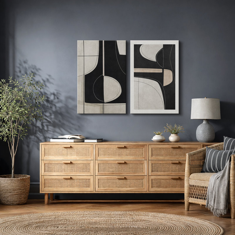 Mid Century Shape "Black Green Abstract Shape Artwork, Classy Minimal Contemporary Neutral Wall Pictures, Framed Canvas Giclée Print 2 Pieces Wall Art" 16x24x2 pcs, 24x36x2 pcs