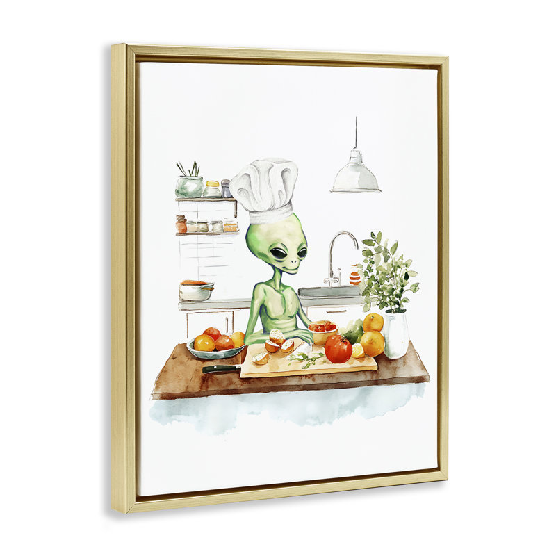 Chef Alien dans un cadre flottant de cuisine, design par Lil 'Rue, H 21 po x l 17 po, Cadre flottant métallique doré