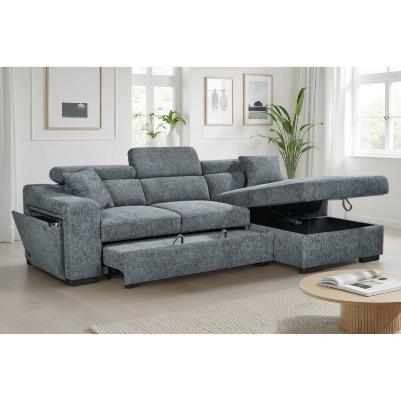4 Seater Sofa Bed, Right Hand Facing, Blue Polyester