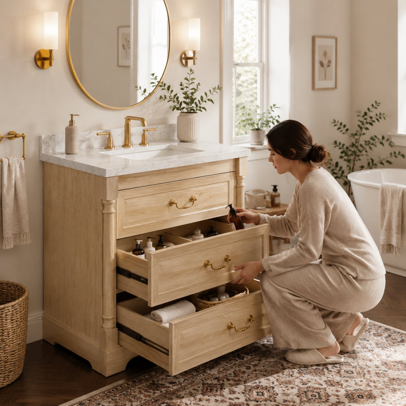 Meuble-lavabo autoportant de 30 po avec comptoir d'évier, armoire de rangement avec tiroirs et support latéral beige, Beige