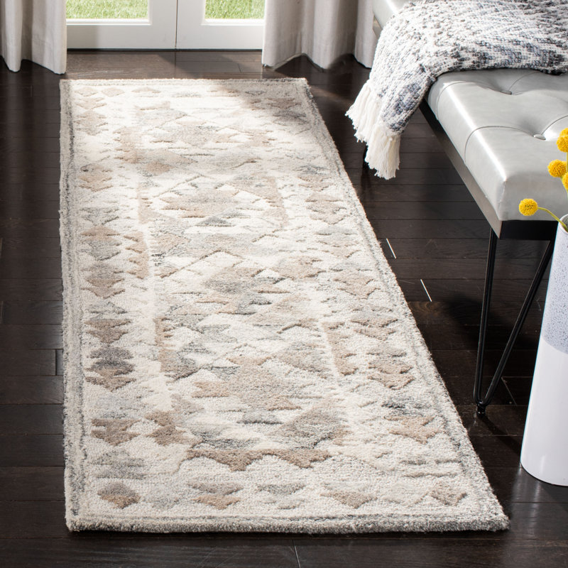 Tapis gris / beige en laine touffeté à la main Roberts, Tapis de couloir 2 pi 3 po x 7 pi