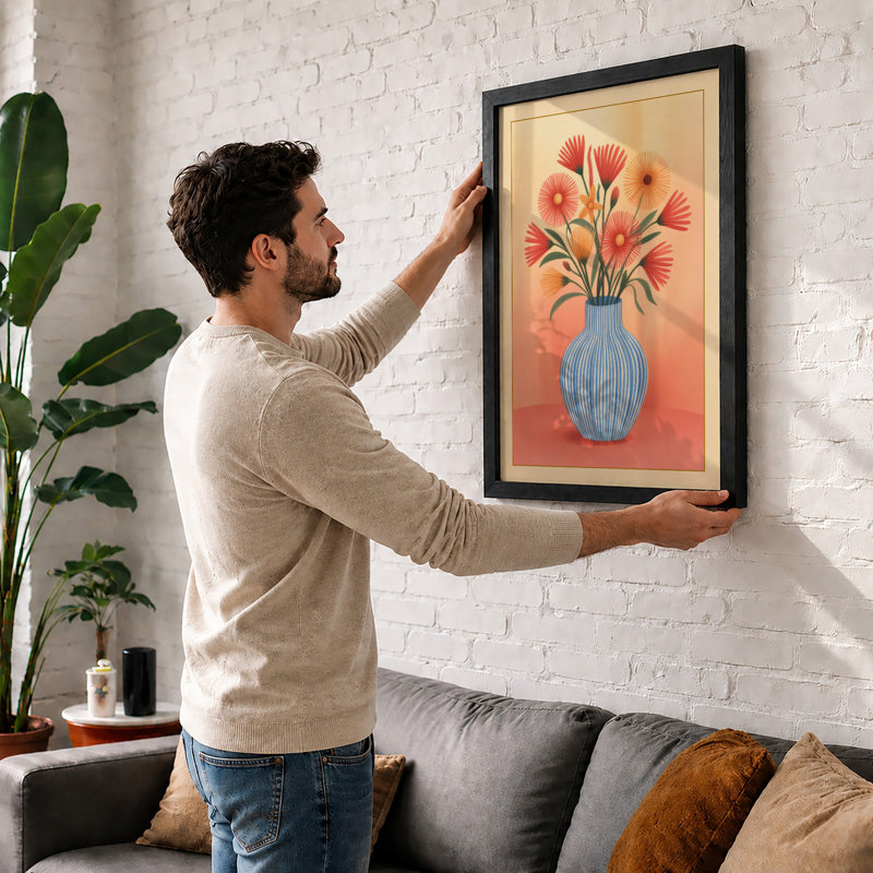 Coral Gerbera Arrangement Botanical - Framed Print, A2 - 59.4 x 42.0 cm, Black