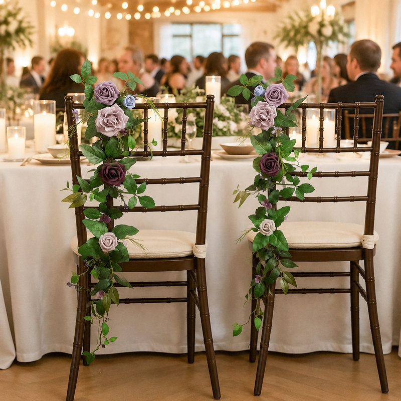 Ensemble de 2 décorations de chaises de mariage, guirlande florale artificielle de roses violettes et bleues, guirlande de fleurs retombantes de 70 cm pour la décoration d'arche ou de mur de mariage