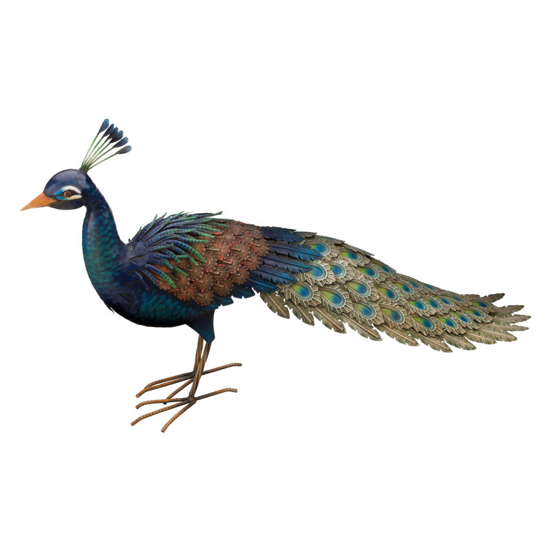 Handcrafted Metal Decorative Iridescent Peacock Garden Statue, Roamer