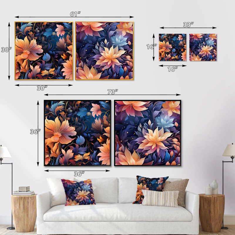 Hepatique - Ensemble de 2 collages carrés botaniques abstraits, Cadre flottant noir, H 16 po x l 33 po