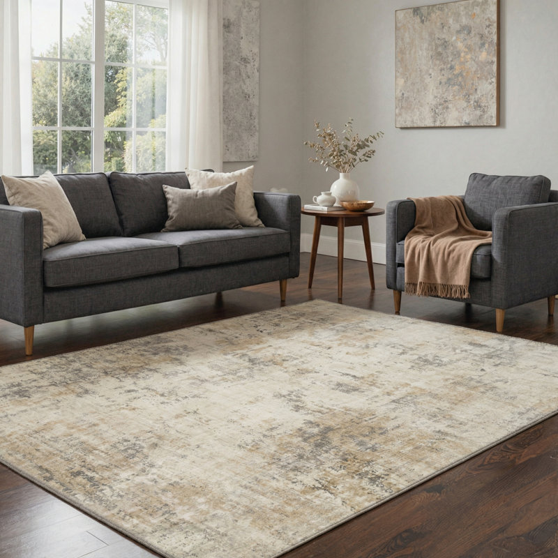 Mignone Aura Modern Distressed Abstract Machine Washable Beige / Brown / Grey Indoor Area Rug with Non-Slip Backing
