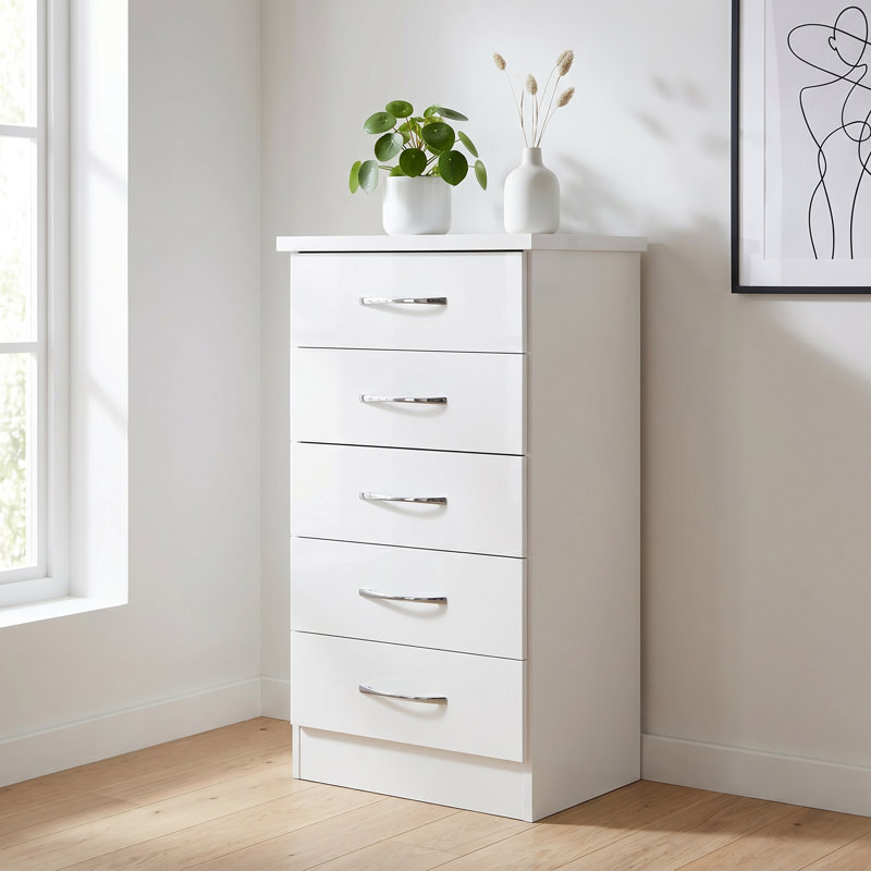 Nevada 5 Drawer Narrow Chest, White Gloss