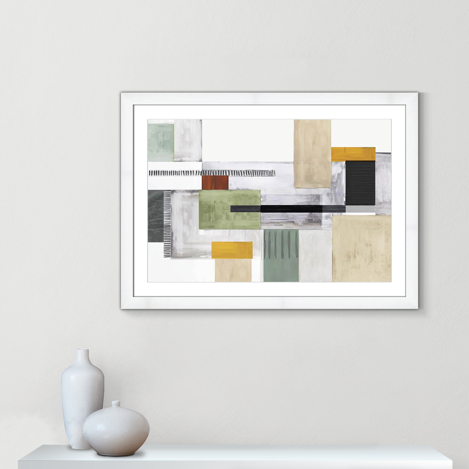 Playful Blocks Print by Tom Reeves, 27" H x 37" W x 1.25" D, White Cube Picture Framed, White