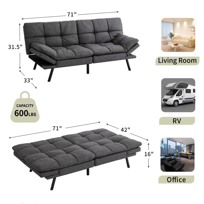 George Oliver  Upholstered Convertible Sofa With Adjustable Arms And Backs, Dark Grey