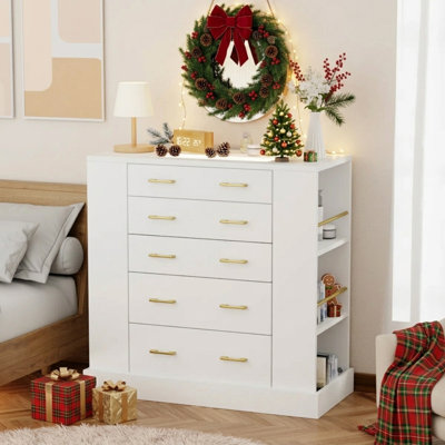 Commode à tiroirs larges pour la chambre à coucher avec lumière DEL, commode pour îlot de placard avec plateau en verre et tablettes de rangement double face, commode à 5 tiroirs, blanc