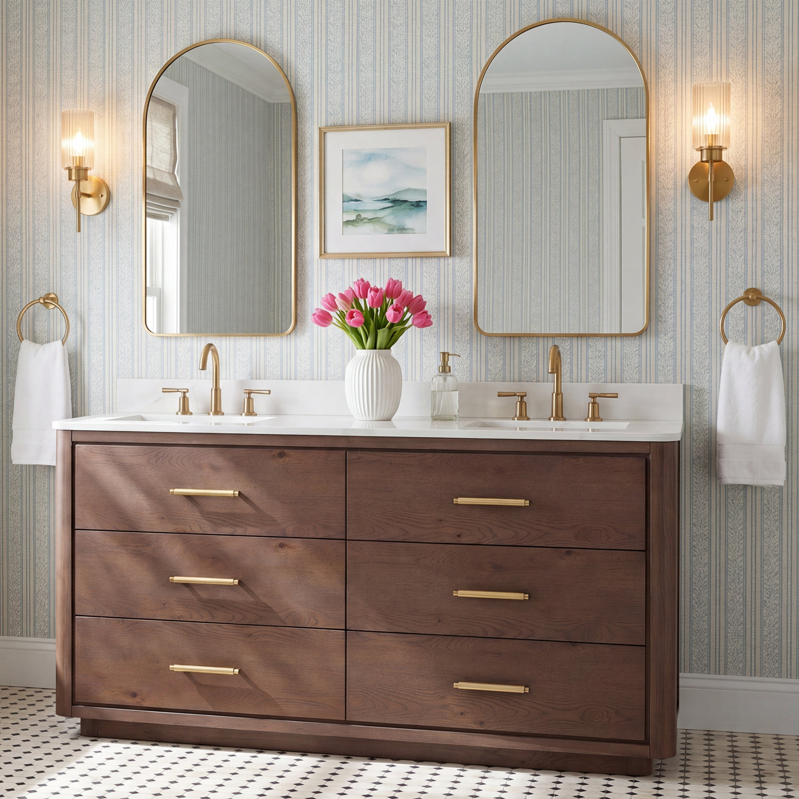 Porto 60'' Double Bathroom Vanity, Dark Brown Oak, Gold