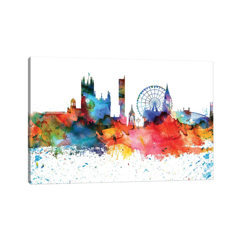 Manchester Colourful Watercolour Skyline by WallDecorAddict - Wrapped Canvas Painting, 66.04 cm H x 45.72 cm W x 1.91 cm D