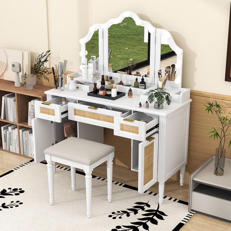 Bureau de maquillage avec ampoules Hollywood, 5 tiroirs, tablettes et station de charge